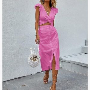 Pink Crop Top Midi Skirt Set Twist Neckline Ruffle Sleeves